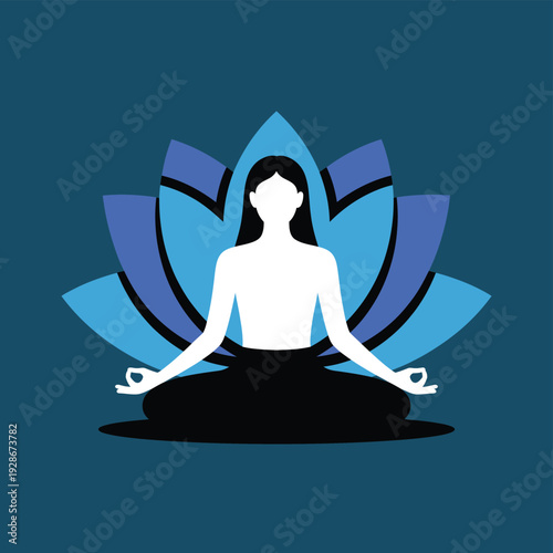A person meditates in a lotus position in front of a blooming lotus flower.