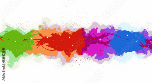 Vibrant colorful paint splashes in green orange red purple and blue hues on white background