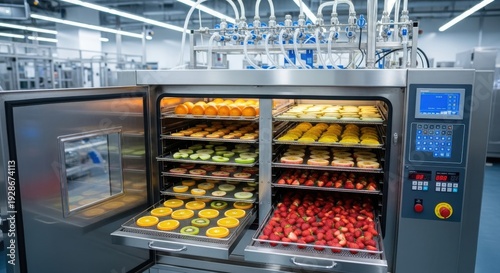 industrial food processing equipment with trays of fruits and vegetables being cooked or dried in a