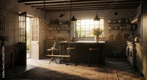 A warmly lit kitchen interior with an island and a view outside through a large window and open door