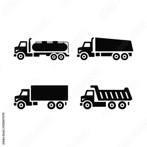 Collection of four different types of trucks depicted as silhouettes