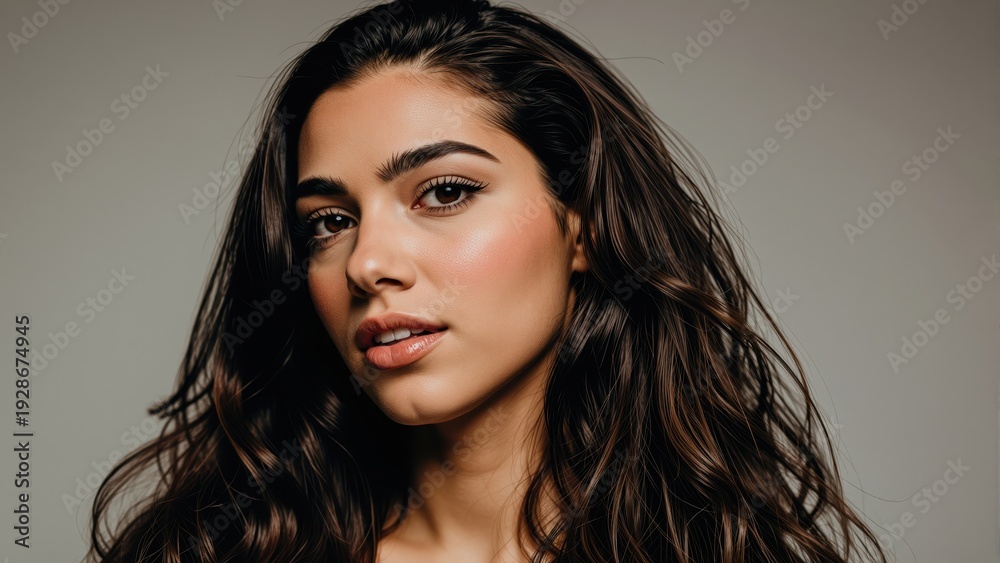 Naklejka premium Captivating Portrait: A stunning woman with dark wavy hair gazes directly into the camera, her captivating eyes hinting at a story untold.