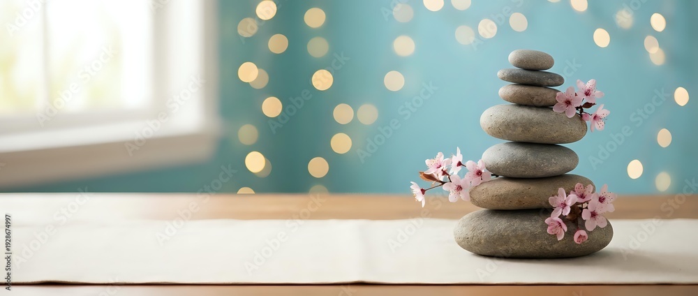 Obraz premium Zen stone stack with cherry blossoms on wooden surface against turquoise wall with warm bokeh lights creating peaceful spa atmosphere for wellness.