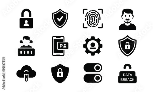 Black silhouette icons for cybersecurity and data protection concepts on white background