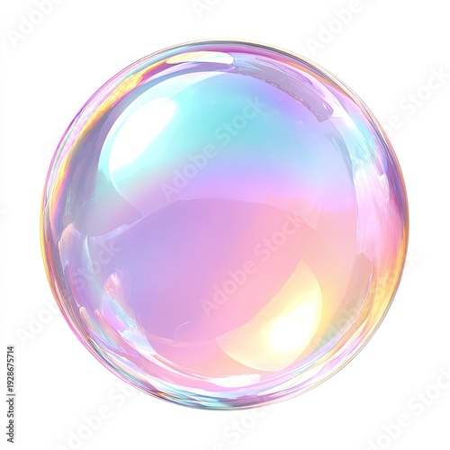 Isolated, shimmering iridescent bubble reflecting multiple pastel colors against a clean white backdrop