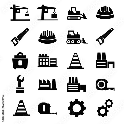 Construction and Industry Icons Set: Tools, Equipment, Buildings, Safety Gear, and Machinery