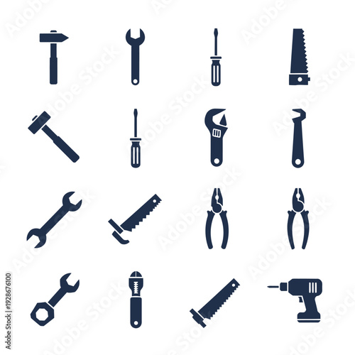 Collection of Dark Blue Silhouette Icons of Various Tools on White Background
