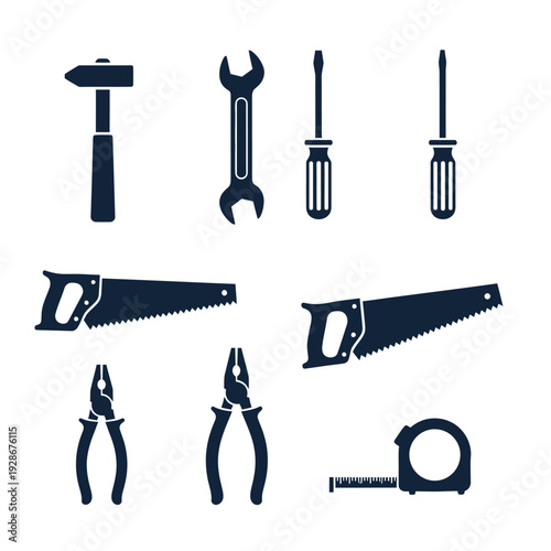 Collection of Hand Tools Icons: Hammer, Wrench, Screwdrivers, Saws, Pliers, Tape Measure