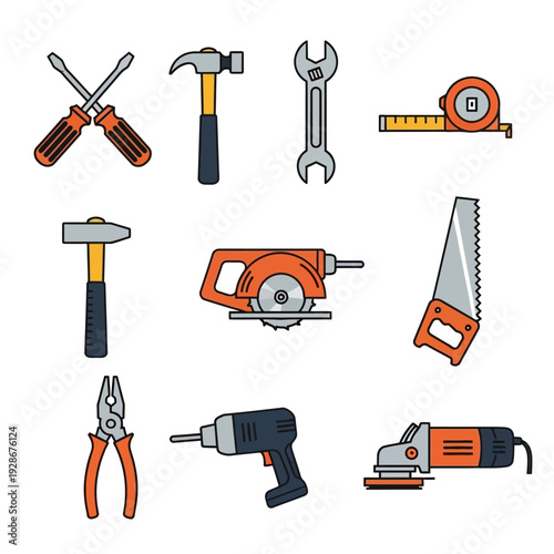 Collection of various construction and DIY tools, flat design icons