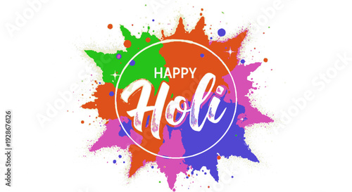 Vibrant happy holi festival logo with colorful paint splatters on white background