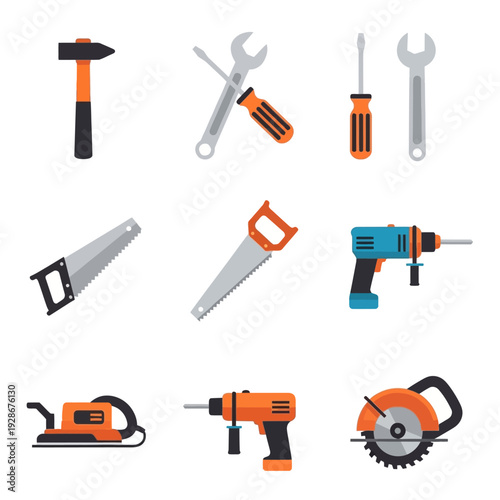 Collection of various construction and DIY tools, flat design icons