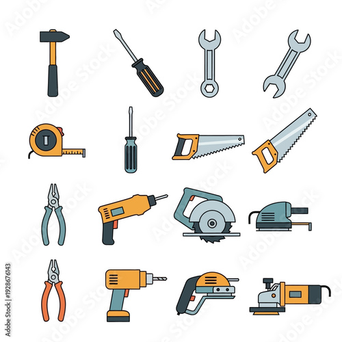 Collection of various construction and DIY tools, flat design vector illustration