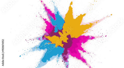 Vibrant colorful paint splatter in cyan magenta and yellow on white background