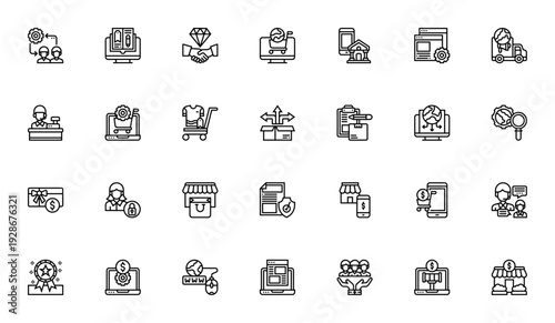 Online Marketplace icon set. Vector icons pack for ecommerce, shopping cart, website, advertising, negotiation, privacy, and more. Editable stroke.