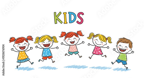 Playful illustration featuring a diverse group of happy young children joyfully jumping together, capturing the innocence, happiness, and vibrant energy of childhood