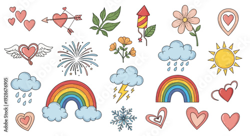 Charming assortment of hand-drawn cartoon icons featuring hearts, flowers, rainbows, and weather elements, perfect for adding a touch of whimsy and joy to various creative projects