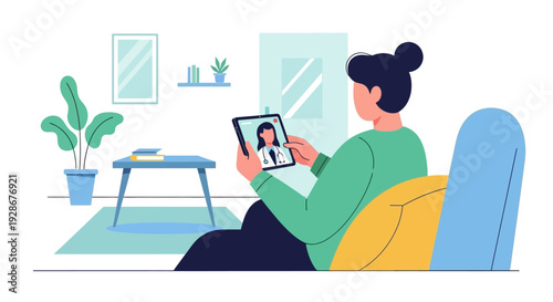 Woman Using Tablet Computer Sitting on Sofa.
