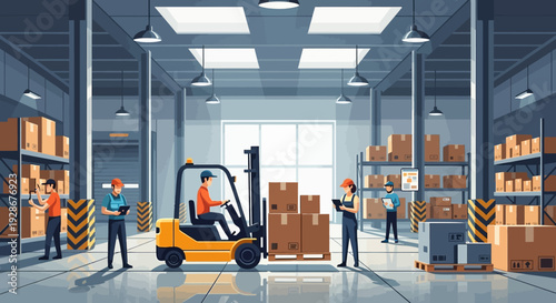 Warehouse Workers Operating Forklift with Boxes.