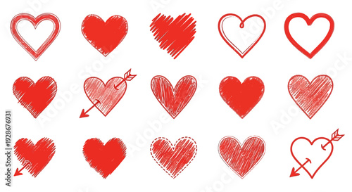 Collection of Red Heart Illustrations on a White Background, Symbolizing Love and Romance
