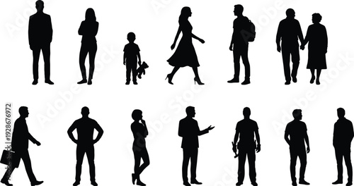 Vector Silhouettes of Diverse People Including Business Professionals, Families, Children, and Casual Pedestrians for Urban Lifestyle and Corporate Projects