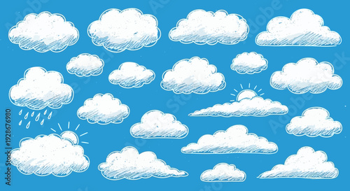 Hand-drawn sketch clouds various shapes, sizes, sun, rain elements, blue background. Ideal for whimsical weather graphics and creative design projects