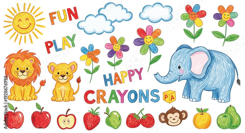 Vibrant collection of cheerful hand-drawn illustrations for kids, featuring cute animals, fruits, and happy words, perfect for playful learning designs