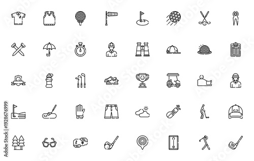 Golf icon set. Vector sports symbols pack. Includes polo, shirt, birdie, tee, golfer, cart, field, glove, bag and more. Editable stroke.