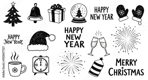 Charming collection of hand-drawn festive Christmas and New Year holiday doodle elements, perfect for seasonal greetings, party invitations, and joyful celebratory designs