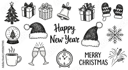Collection of hand-drawn New Year and Christmas icons, including gifts, snowflakes, bells, and festive decorations