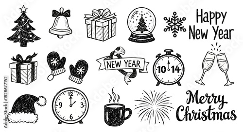 Set of whimsical hand-drawn holiday season vector graphics, including detailed Christmas tree, bell, presents, Santa hat, New Year's clock, and party elements
