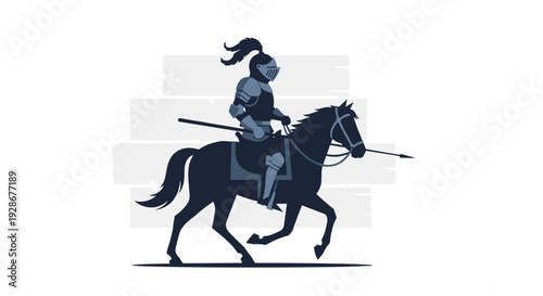 A dark blue silhouette of a medieval knight in full armor rides a sturdy horse while holding a long lance forward.