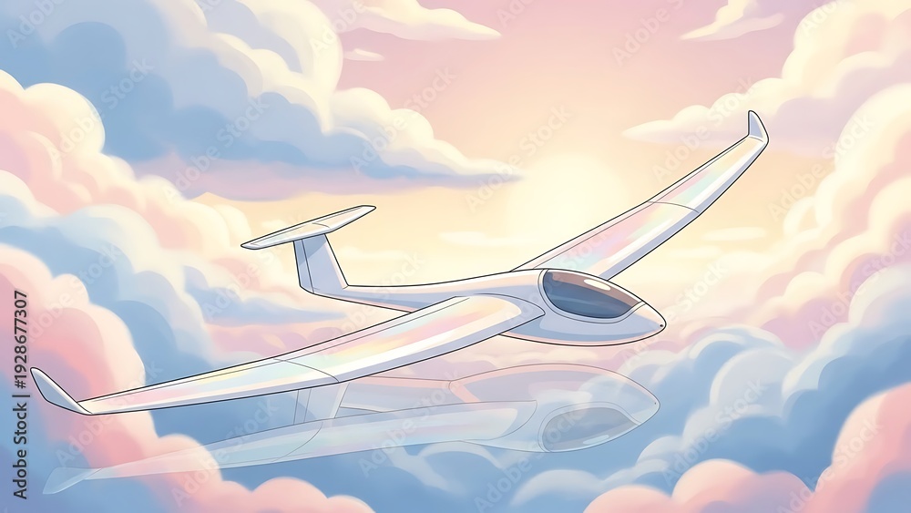 Naklejka premium Graceful Glider Soaring Through Pastel Clouds | Dreamy Sunset Sky Flight | Peaceful Air Travel Art (114 chars)