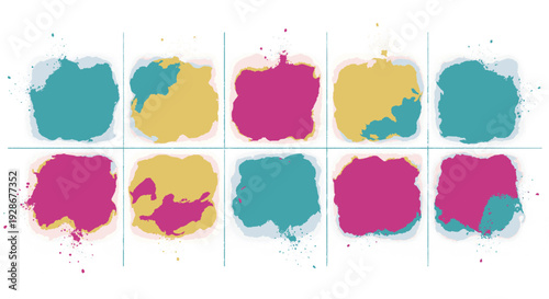 Colorful paint splatters in pink yellow and teal on white background abstract graphic design elements