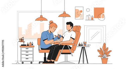 Man receiving manicure from nail technician.