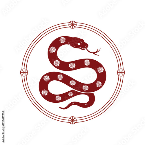A stylized red serpent coils within a circular emblem adorned with floral patterns.