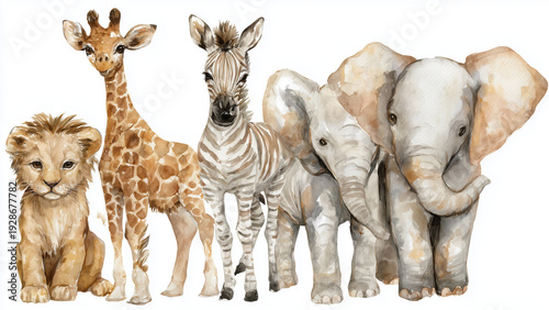 Adorable baby giraffe and lion cub standing together