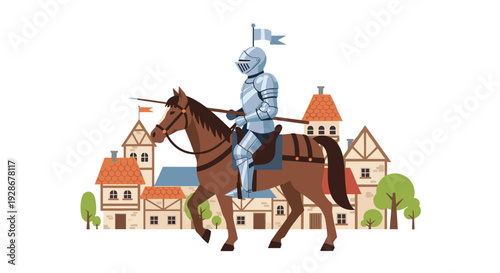 A stately knight in shining silver armor rides a brown horse through a medieval town with timber-framed houses.