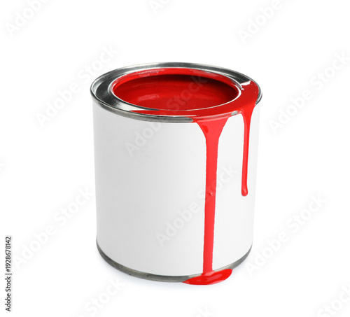 Can of red paint on white b...