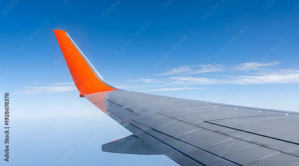 Fototapeta premium Airplane Wing with Bright Orange Winglet Flying Through Clear Blue Sky, View from Passenger Window, Aviation Transport and Travel Concept