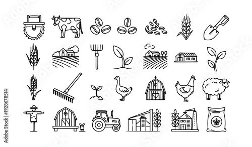 Minimal Outline Farm Equipment and Livestock Icon Collection Isolated on White