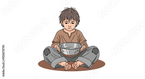 A ragged young boy with messy hair sits cross-legged on the ground holding an empty metal bowl in a cartoon illustration.