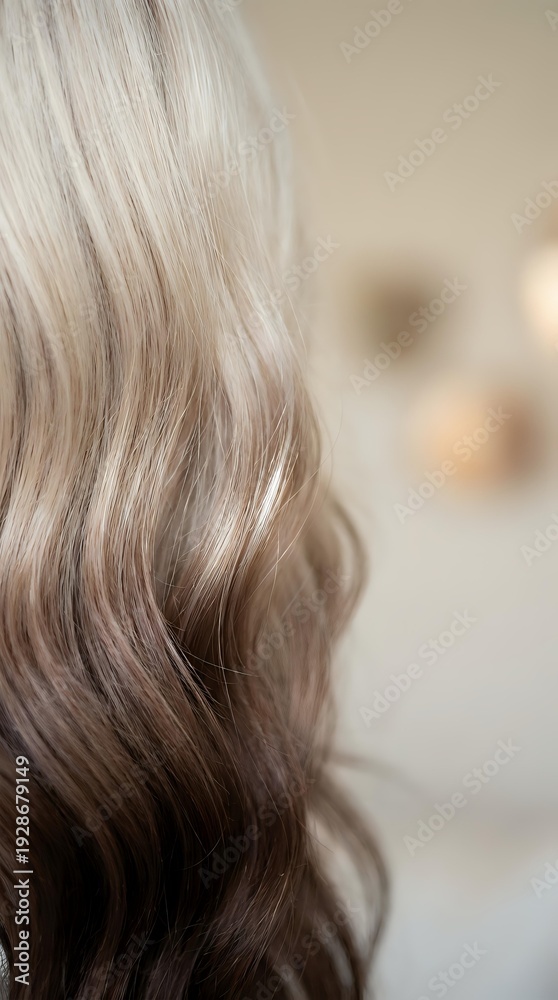 Naklejka premium Close-up of healthy blonde wavy hair with natural highlights and soft texture in salon setting for beauty and haircare concepts.