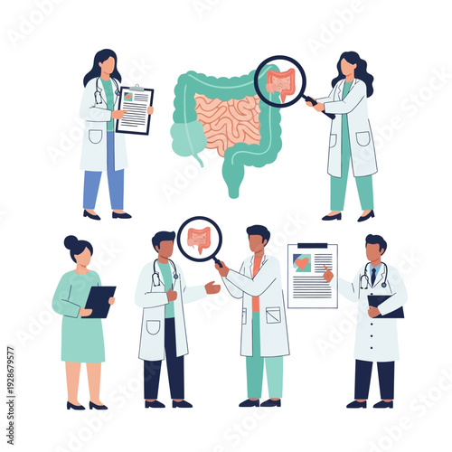 Medical Team Examining Human Intestines with Magnifying Glass, Healthcare Concept