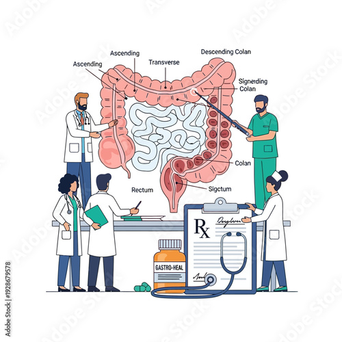Medical Team Discussing Colon Anatomy, Intestines, Rectum, and Digestion Health