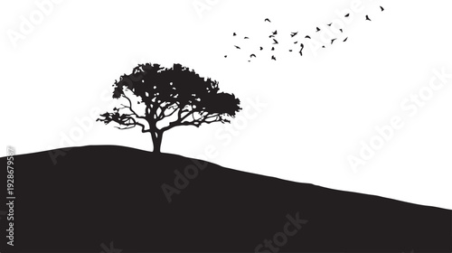 Lone tree silhouette on a hill with birds flying above, serene landscape