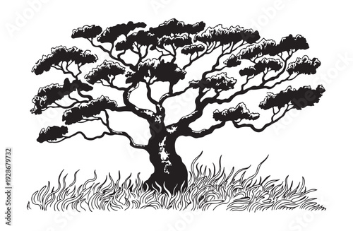 Bonsai tree silhouette with long grass at base in black and white sketch style for zen garden inspiration