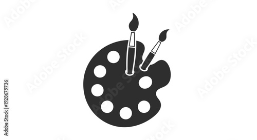 Simple black and white vector graphic illustration of an artist's palette holding two paintbrushes ready for creative work