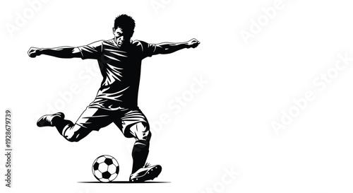 Dynamic vector graphic illustration of a professional male soccer player preparing to kick a football with power and intense focus, showcasing athletic skill.