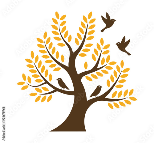 Stylized tree with yellow leaves and brown birds flying in white background for contemporary wall artwork