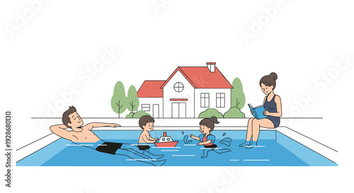 A family enjoys a sunny day at a backyard swimming pool with a man floating children playing and a woman reading a book.